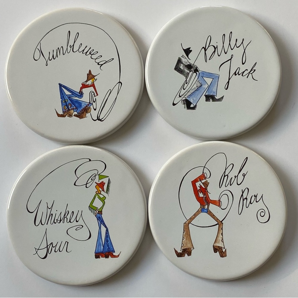 Pottery Barn Tie One On Coasters Set of 4 Ceramic Cowboy Western Drink Bar EUC